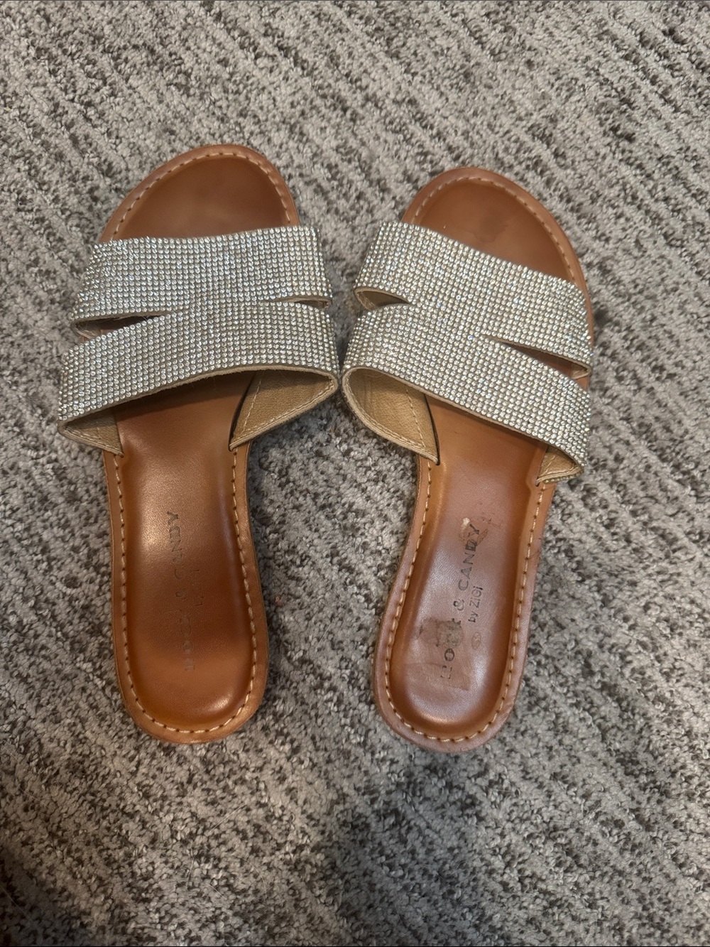 Crystal-Embellished Tan Slide Sandals - Women